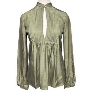 Theory Silk Bianca Pintuck Olive Green Pleated Blouse Peekaboo Top Size 0